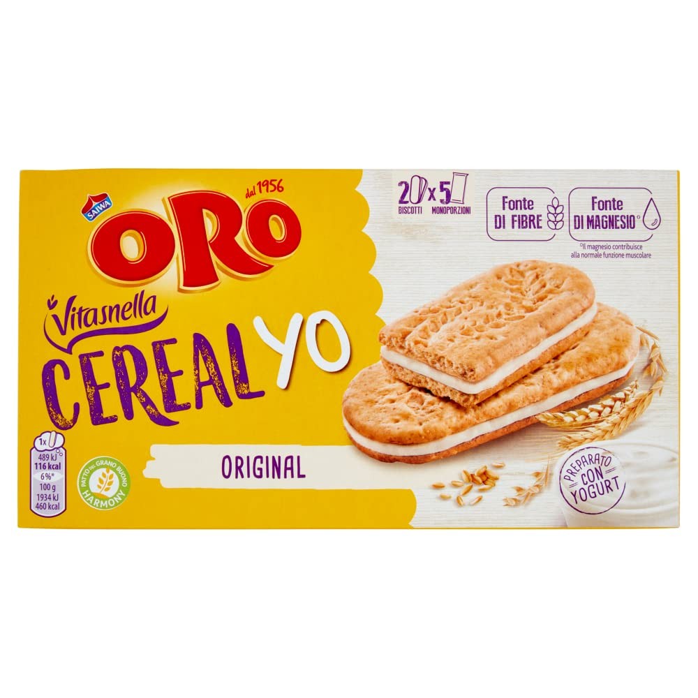 Saiwa Oro Vitasnella, Cereal Yo Original, Biscotti con Ripieno Morbido di Yogurt Bianco, Fonte di Fibre e Magnesio, 253g (contiene 5 monoporzioni da 50,6g)