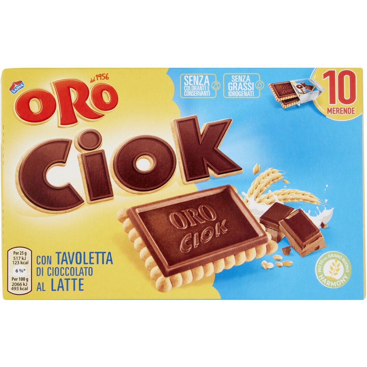 SAIWA ORO CIOK,BISCOTTO CON TAVOLETTA DI CIOCCOLATO AL LATTE, 10 SACCHETTI DA 25G, 250G