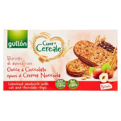 Gullon Cuor di Cereale, biscotti con Avena e gocce di cioccolato, ripieni di crema al cioccolato 220 g , 5 confezioni da 44g