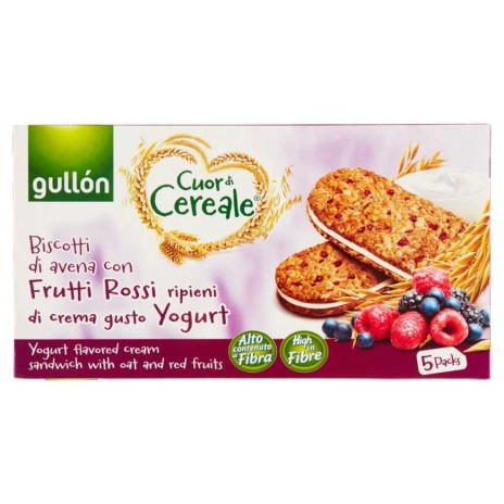 Gullon Cuor di Cereale, biscotti con Avena e Frutti Rossi ripieni di crema allo yogurt 220 g , 5 confezioni da 44g