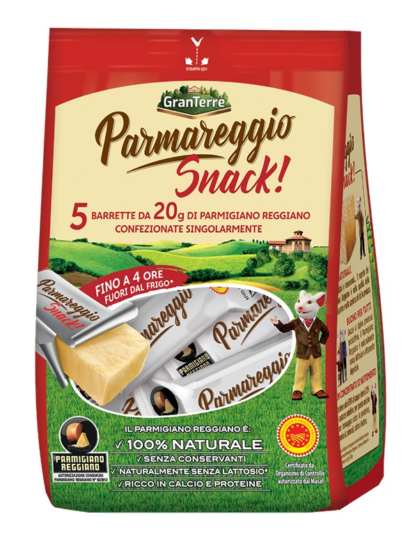 01166-1 GRANTERRE PARMAREGGIO SNACK , CONFEZIONE DA 5 BARRETTE DA 20GR DI PARMIGIANO REGGIANO CONFEZIONATE SINGOLARMENTE&NBSP