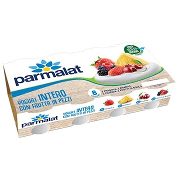 PARMALAT YOGURT INTERO CON FRUTTA IN PEZZI GUSTO FRAGOLA-ANANAS-FRUTTI DI BOSCO-CILIEGIA, CONFEZIONE DA 8X125GR