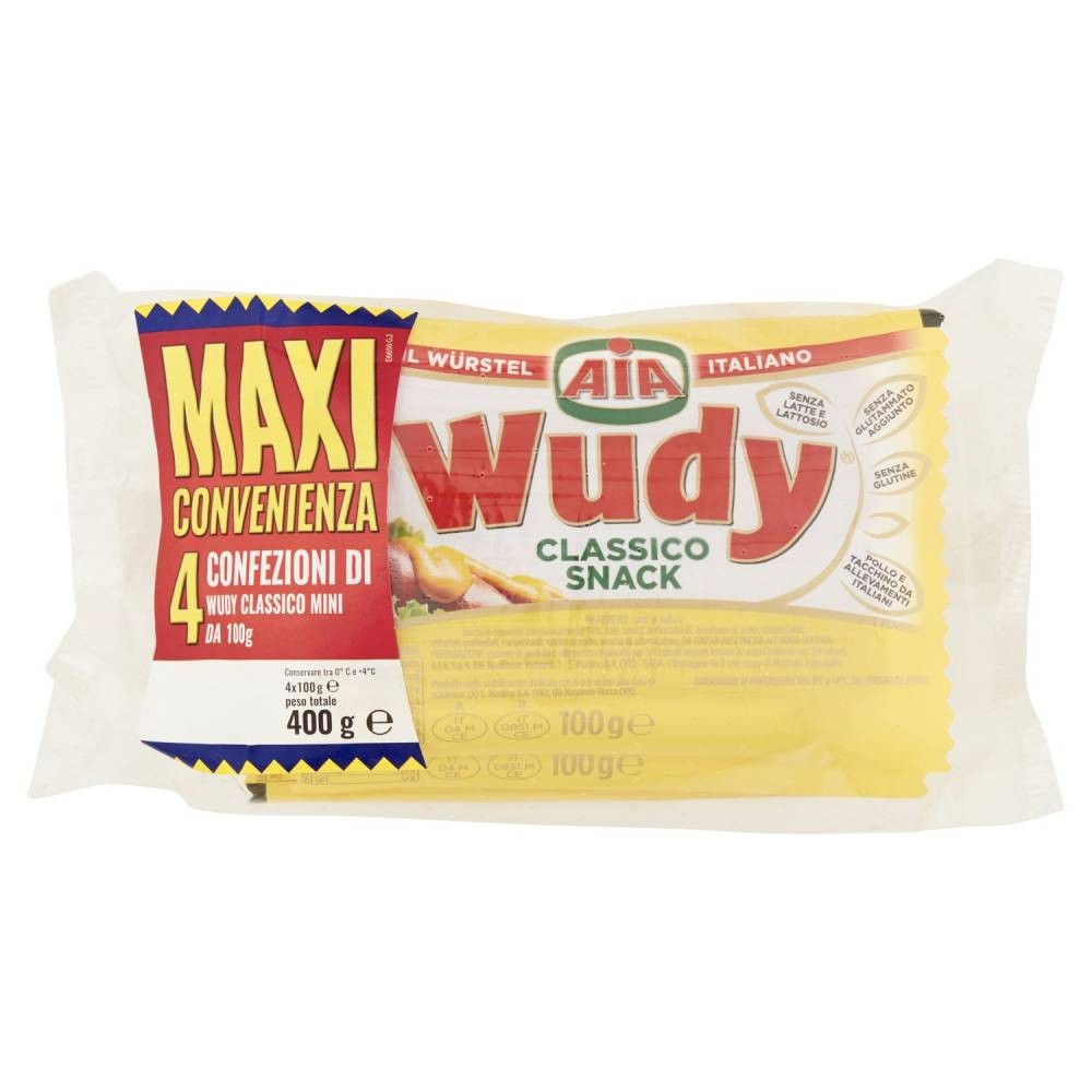 AIA WUDY CLASSICO, WURSTEL DI POLLO E TACCHINO, SENZA GLUTINE E SENZA LATTOSIO, MULTIPACK 4X125GR