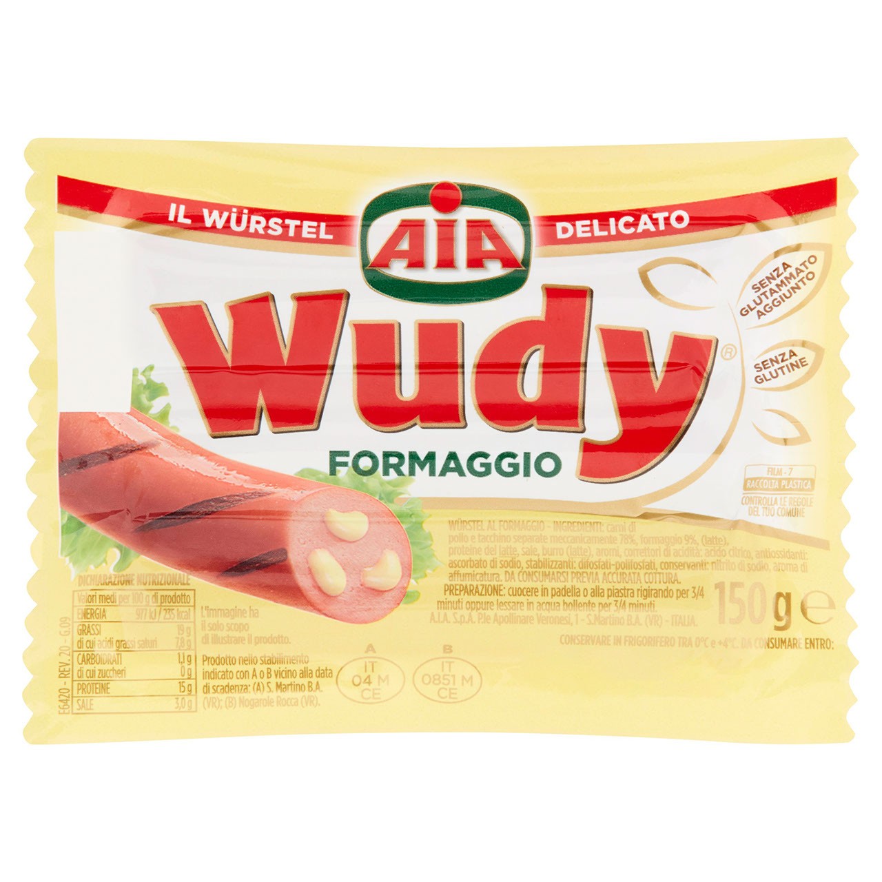 AIA WUDY WURSTEL DI POLLO E TACCHINO AL FORMAGGIO ,SENZA GLUTINE,150GR