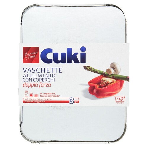CUKI VASCHETTE ALLUMINIO CON COPERCHI DOPPIA FORZA 4 PORZIONI 3 PEZZI