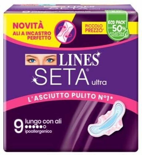 LINES SETA ASSORBENTE ULTRA LUNGO CON ALI 9 PEZZI IPOALLERGENICO
