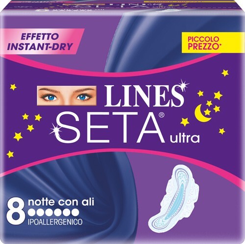 LINES SETA ULTRA ASSORBENTE NOTTE CON ALI 8 PEZZI IPOALLERGENICO