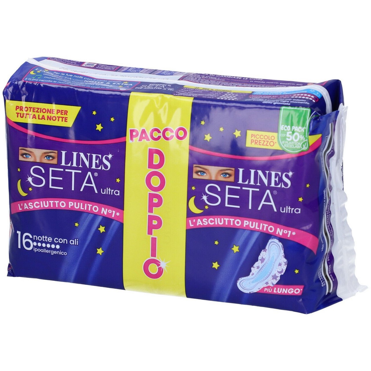 LINES SETA ULTRA PACCO DOPPIO NOTTE ASSORBENTE CON ALI 16 PEZZI IPOALLERGENICO