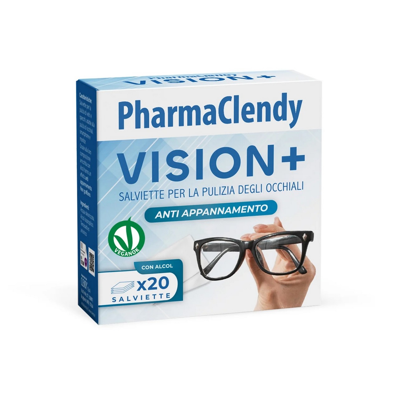 PHARMACLENDY VISION + SALVIETTE PER LA PULIZIA DEGLI OCCHIALI ANTI APPANNAMENTO CON ALCOL 20 PEZZI